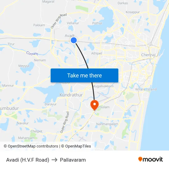 Avadi (H.V.F Road) to Pallavaram map