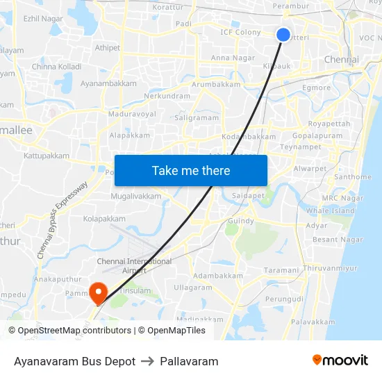 Ayanavaram Bus Depot to Pallavaram map