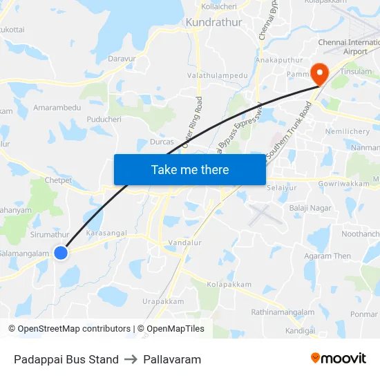 Padappai Bus Stand to Pallavaram map