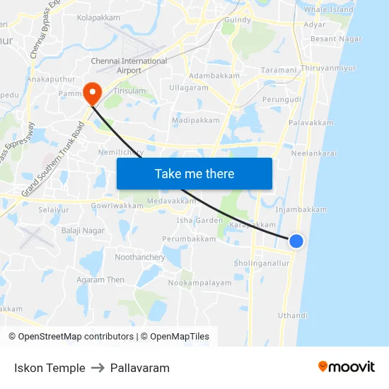 Iskon Temple to Pallavaram map