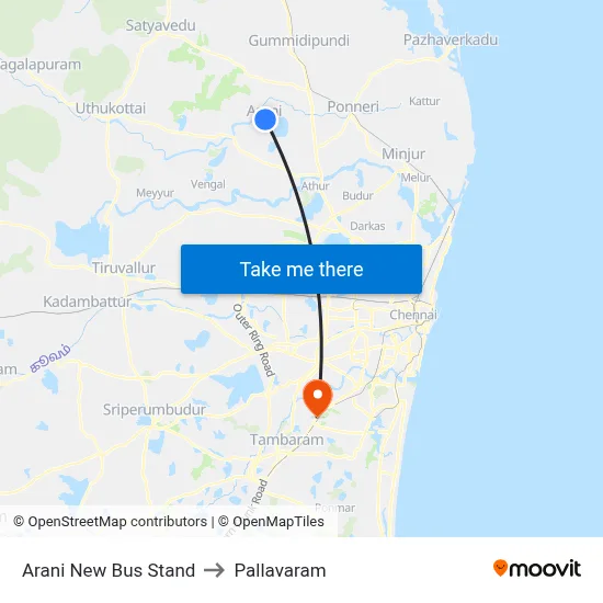 Arani New Bus Stand to Pallavaram map