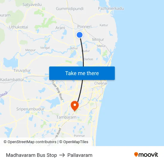 Madhavaram Bus Stop to Pallavaram map