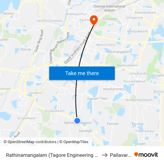 Rathinamangalam (Tagore Engineering College) to Pallavaram map
