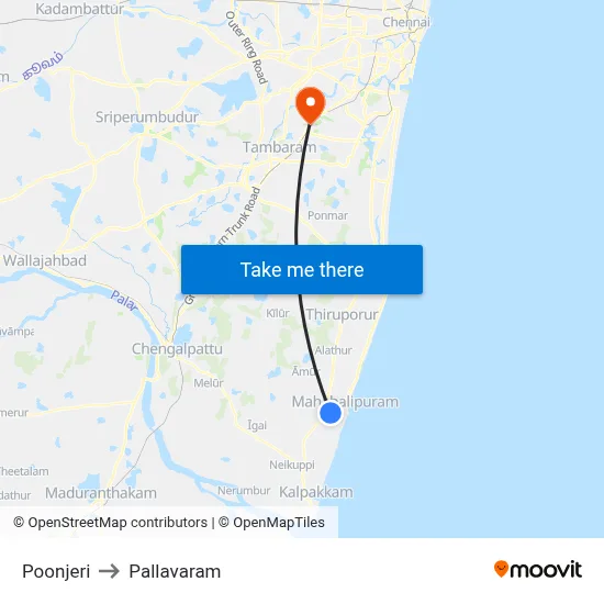 Poonjeri to Pallavaram map