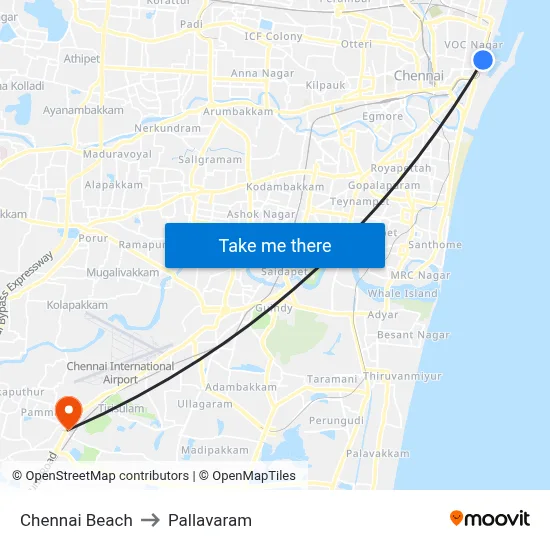 Chennai Beach to Pallavaram map