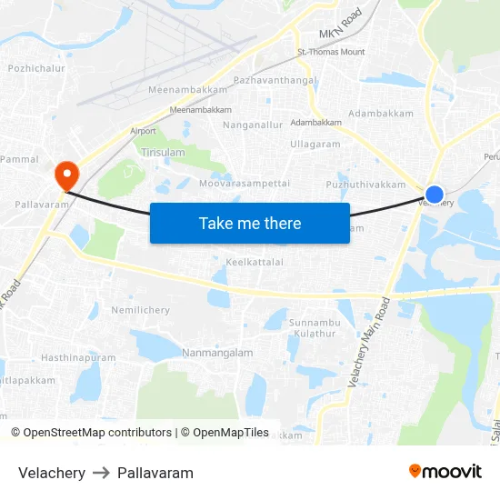 Velachery to Pallavaram map