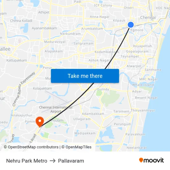 Nehru Park Metro to Pallavaram map