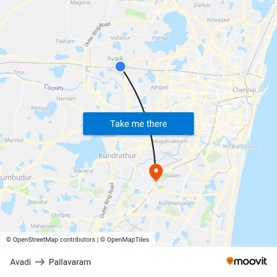 Avadi to Pallavaram map