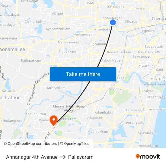 Annanagar 4th Avenue to Pallavaram map