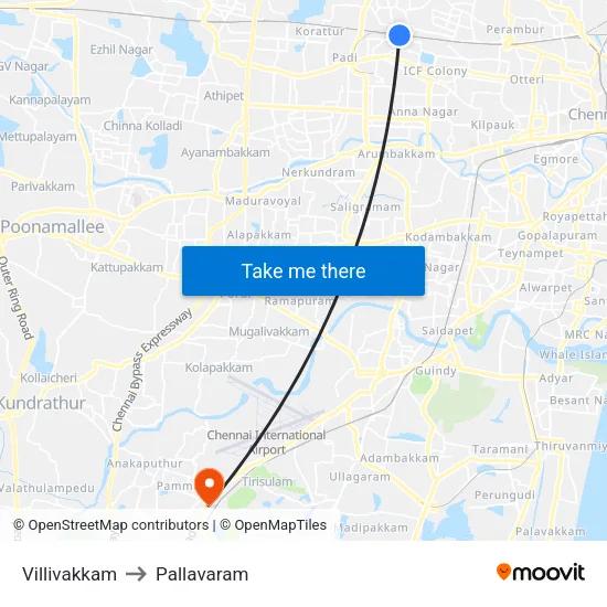 Villivakkam to Pallavaram map