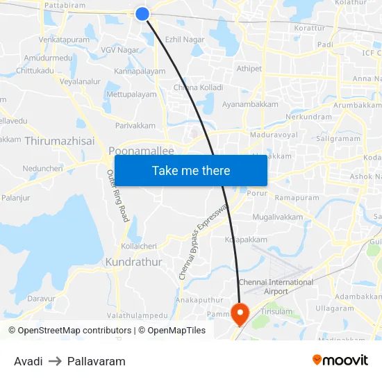 Avadi to Pallavaram map