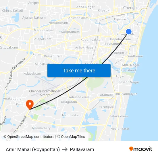 Amir Mahal (Royapettah) to Pallavaram map