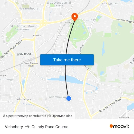 Velachery to Guindy Race Course map