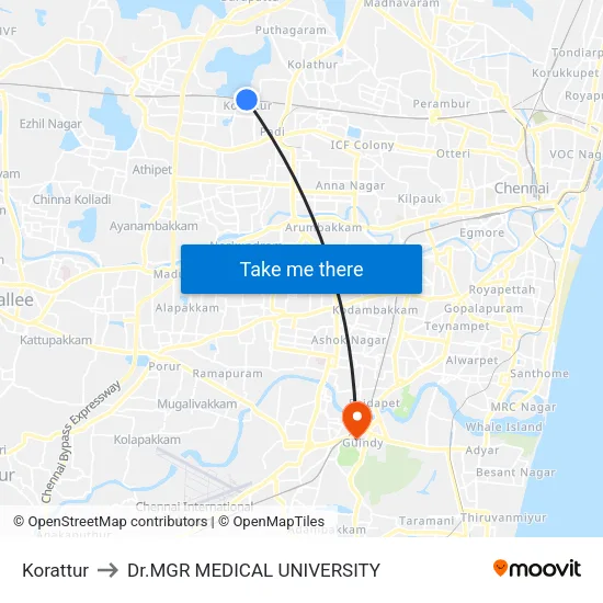 Korattur to Dr.MGR MEDICAL UNIVERSITY map
