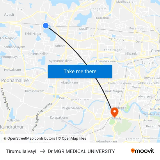 Tirumullaivayil to Dr.MGR MEDICAL UNIVERSITY map