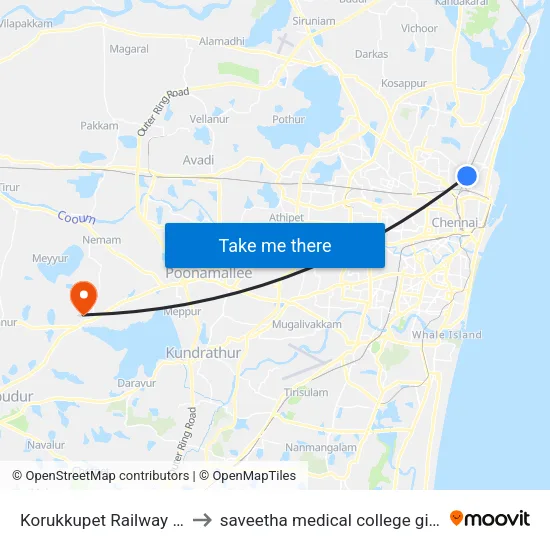 Korukkupet Railway Station to saveetha medical college girls hostel map