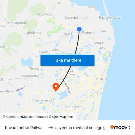 Kavaraipettai Railway Station to saveetha medical college girls hostel map