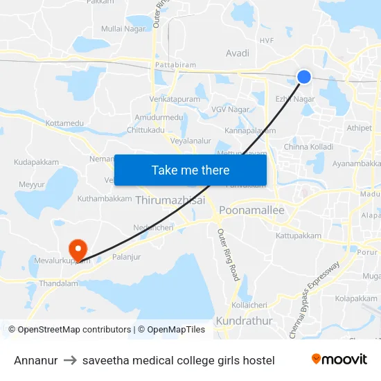 Annanur to saveetha medical college girls hostel map