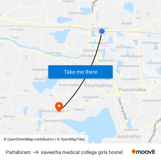 Pattabiram to saveetha medical college girls hostel map
