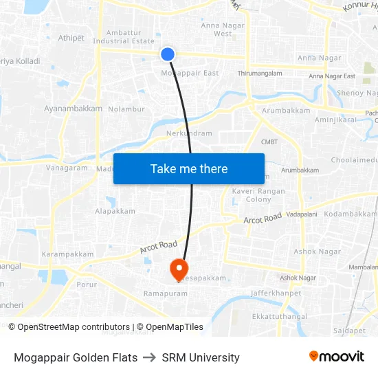 Mogappair Golden Flats to SRM University map