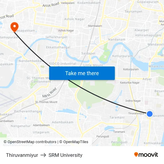 Thiruvanmiyur to SRM University map