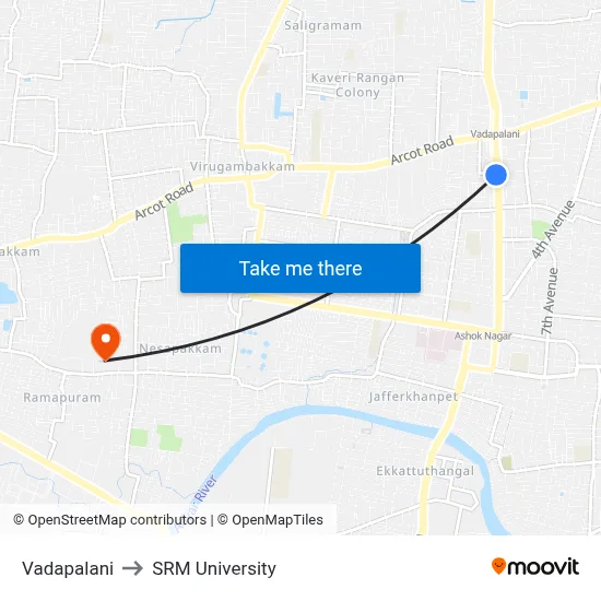 Vadapalani to SRM University map