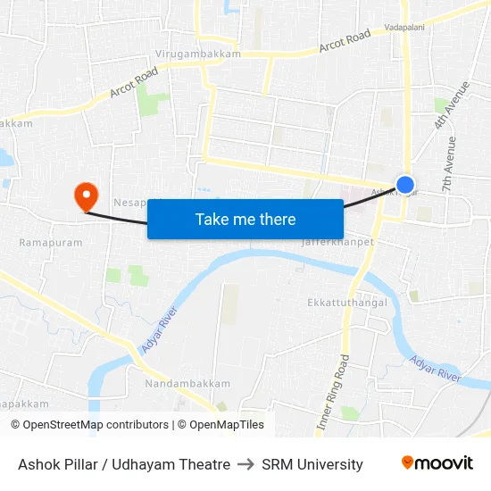 Ashok Pillar / Udhayam Theatre to SRM University map