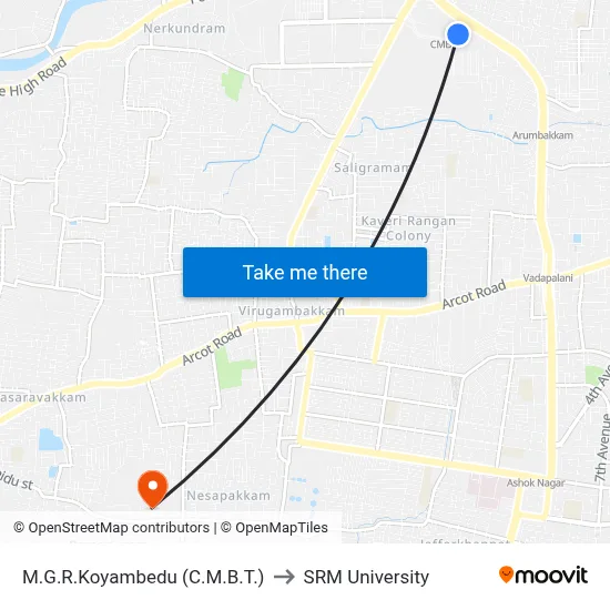 M.G.R.Koyambedu (C.M.B.T.) to SRM University map