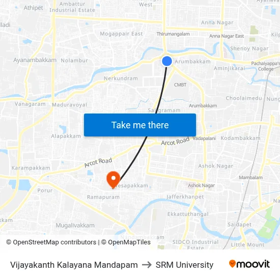 Vijayakanth Kalayana Mandapam to SRM University map