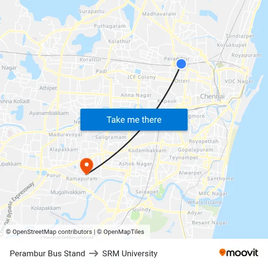 Perambur Bus Stand to SRM University map