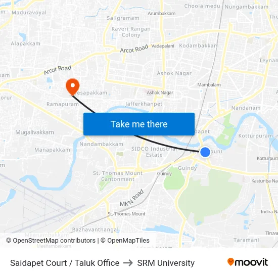 Saidapet Court / Taluk Office to SRM University map