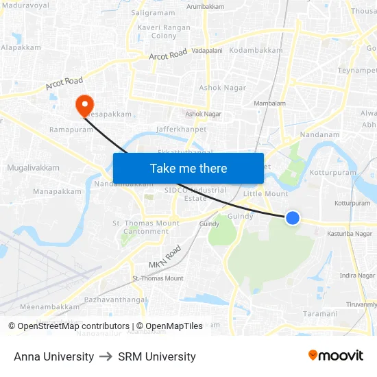 Anna University to SRM University map
