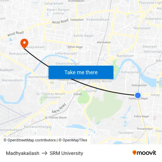 Madhyakailash to SRM University map