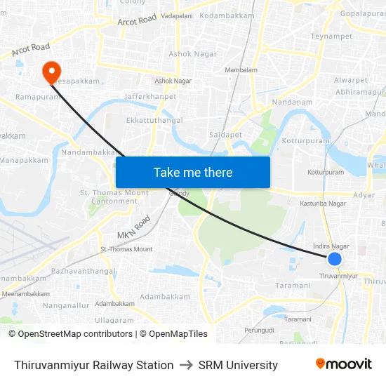 Thiruvanmiyur Railway Station to SRM University map
