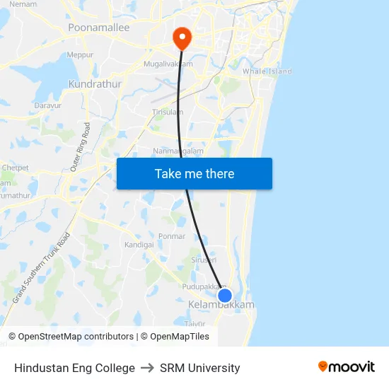Hindustan Eng College to SRM University map