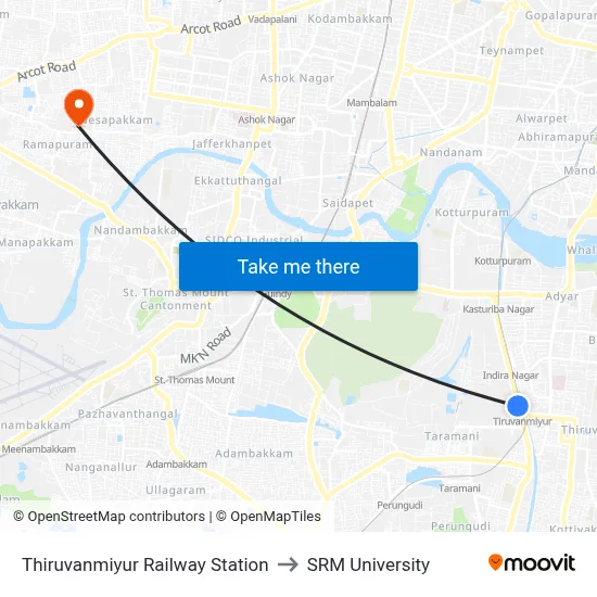 Thiruvanmiyur Railway Station to SRM University map