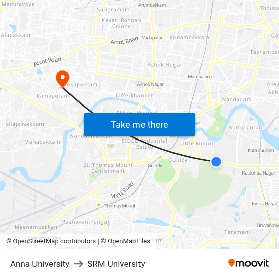 Anna University to SRM University map