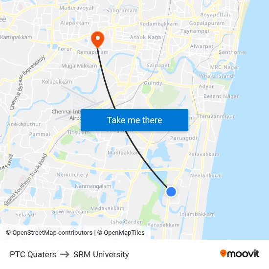 PTC Quaters to SRM University map