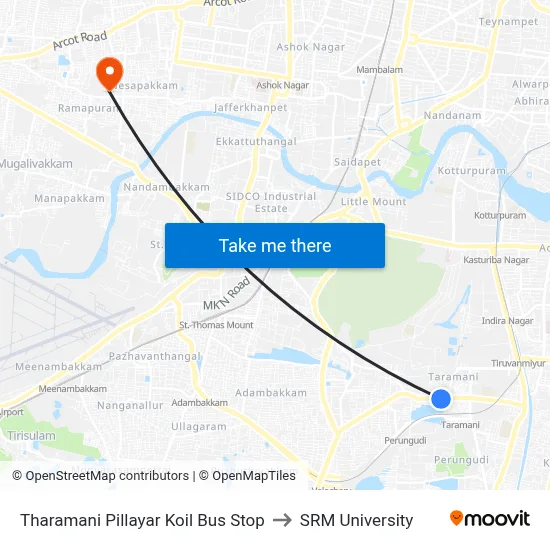 Tharamani Pillayar Koil Bus Stop to SRM University map