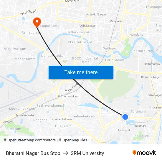 Bharathi Nagar Bus Stop to SRM University map