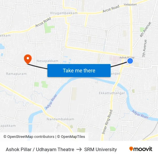 Ashok Pillar / Udhayam Theatre to SRM University map