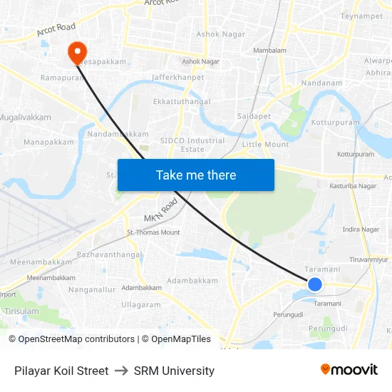 Pilayar Koil Street to SRM University map