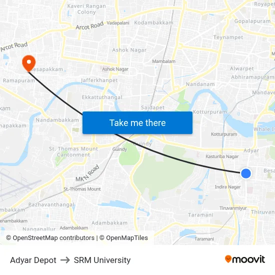 Adyar Depot to SRM University map