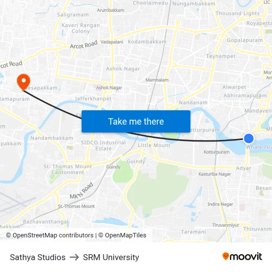 Sathya Studios to SRM University map