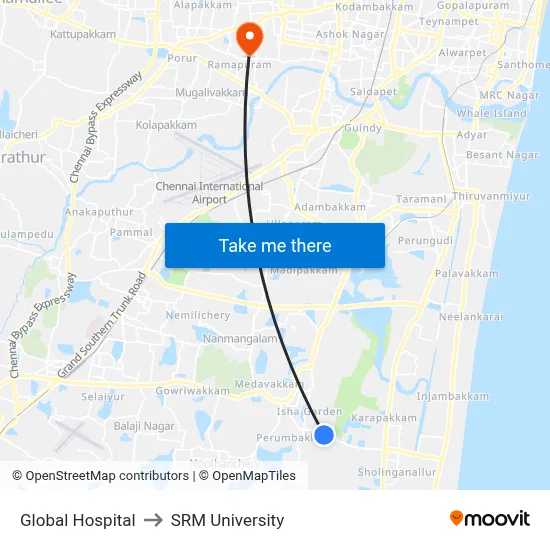 Global Hospital to SRM University map
