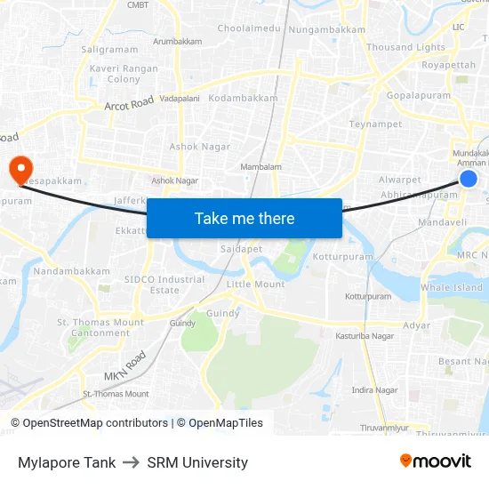 Mylapore Tank to SRM University map