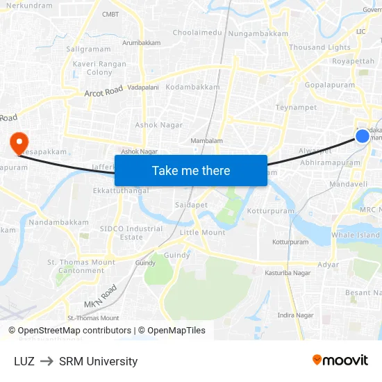 LUZ to SRM University map