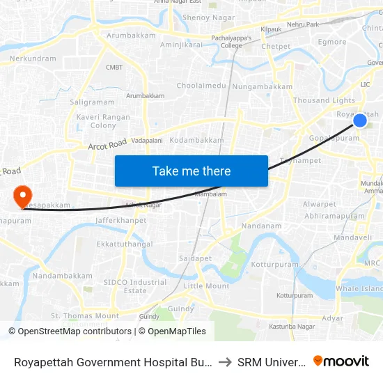 Royapettah Government Hospital Bus Stop to SRM University map