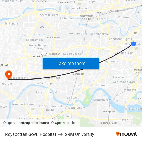 Royapettah Govt. Hospital to SRM University map