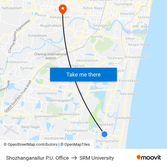 Shozhanganallur P.U. Office to SRM University map